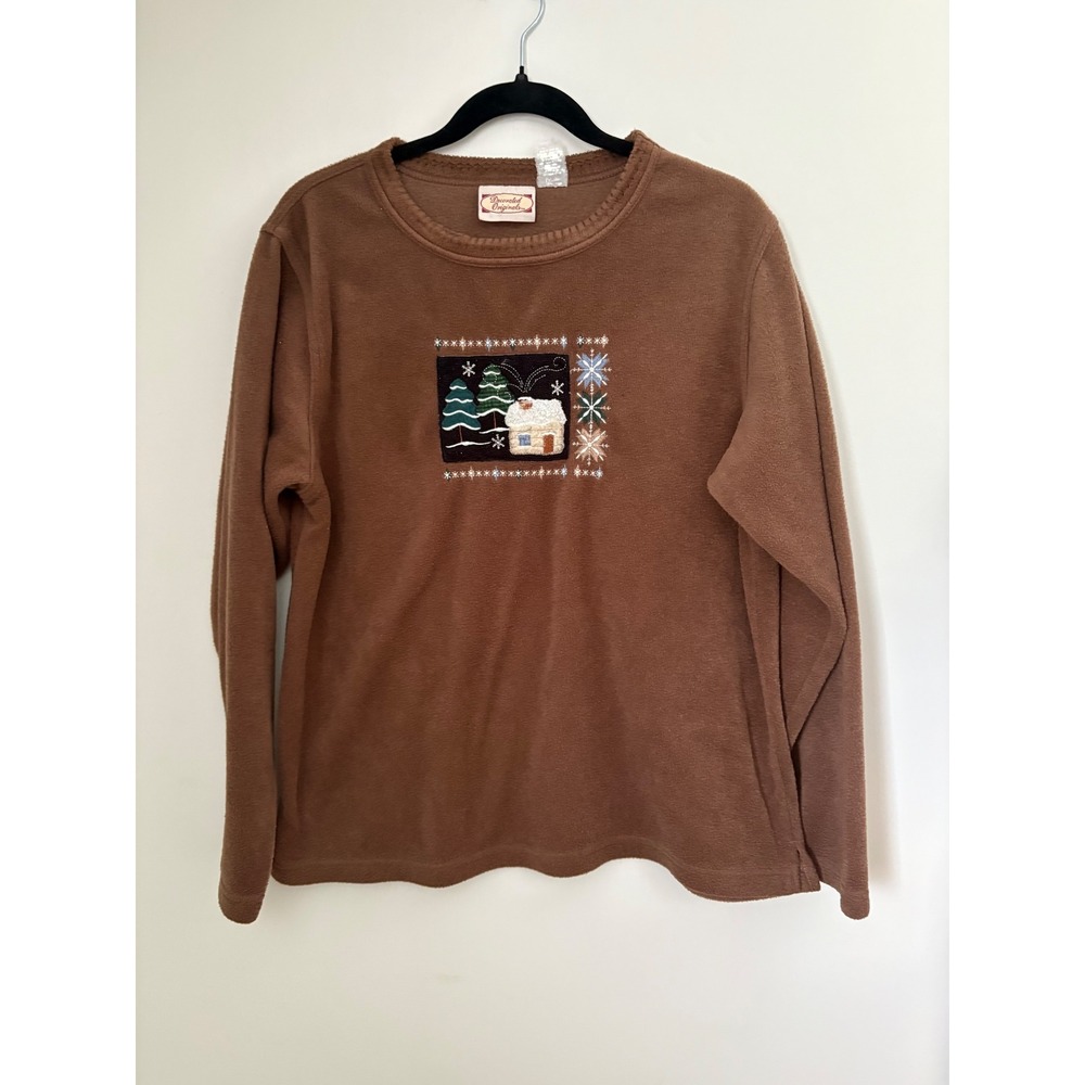 VTG Decorated Originals Brown Fleece‎ Holiday Snowy Cabin Embroidered Pullover L